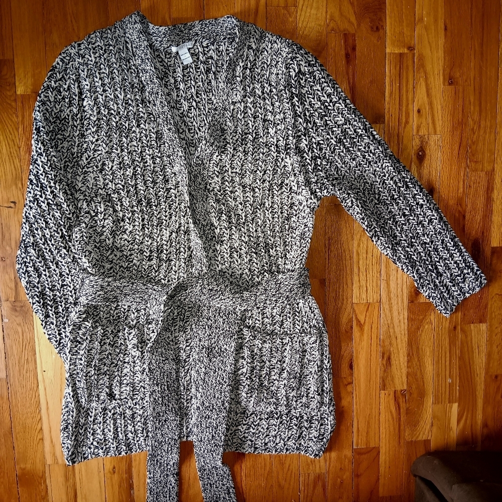 Astars Belted Cardigan Sweater Black & White Speckled Size L